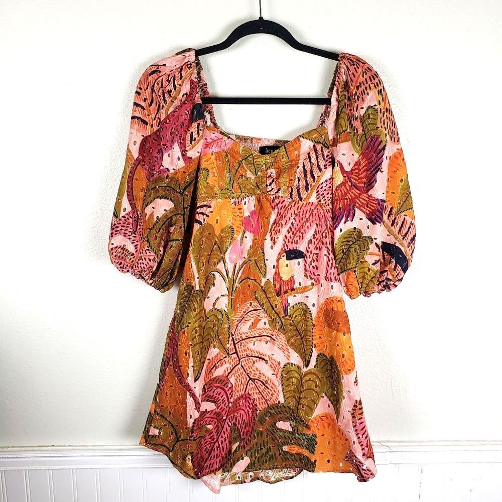 Kourt Robbie Multi Pink Palm Tucan Bird Cotton Smocked Mini Eyelet Dress SZ XS